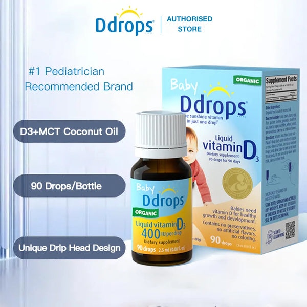 Ddrops Baby Liquid Vitamin D3 Organic Baby 400 IU 90 Drops - Daily Vitamin D Liquid for Infants. Supports Teeth & Bone